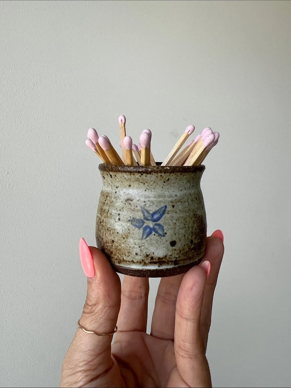 Small Mini Handmade Pottery Vase Match Holder Vintage